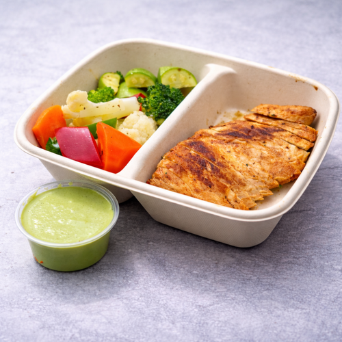 Grilled Chicken with green sauce and vegetable saute